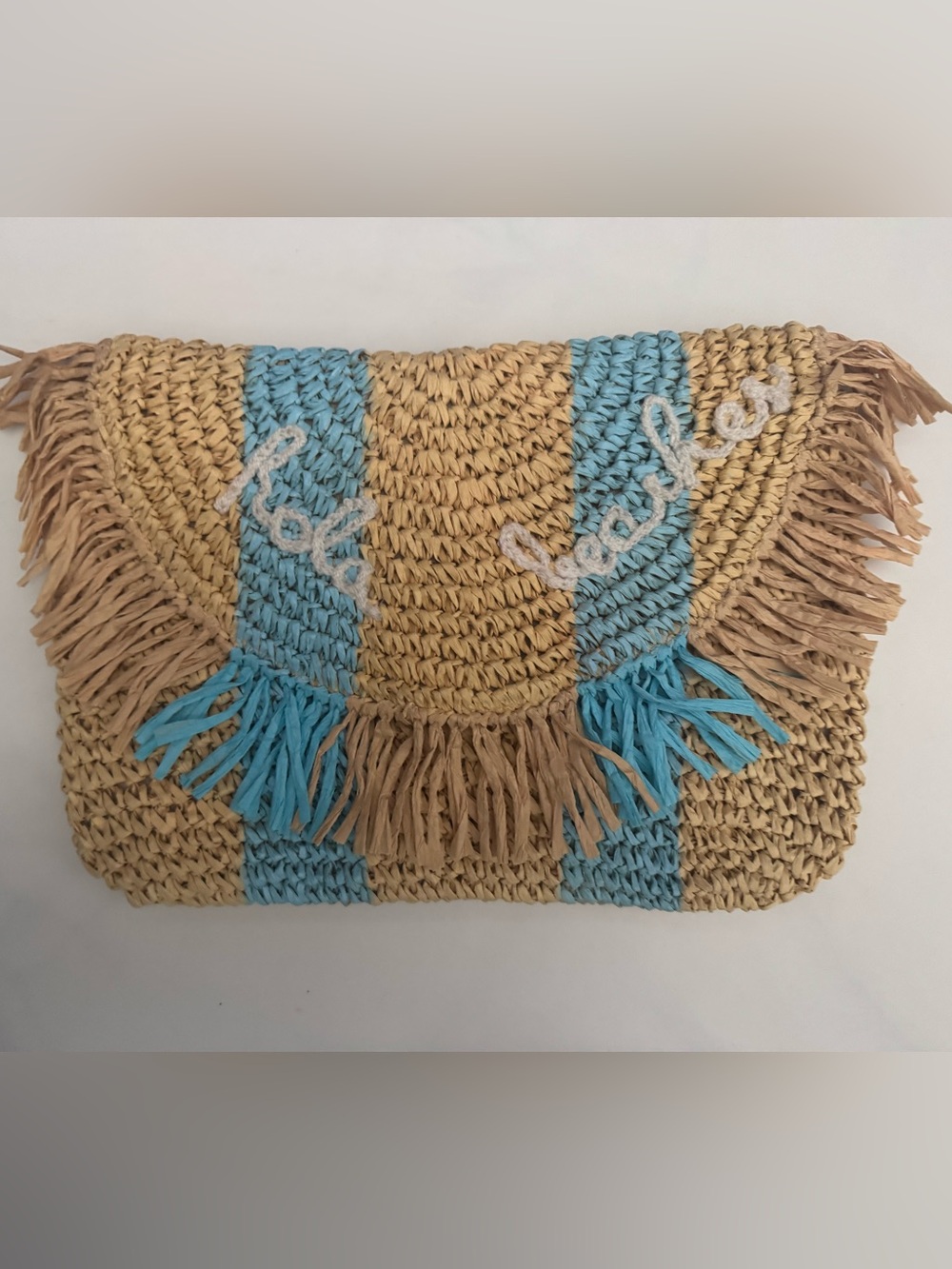 Woven Straw Fringe Clutch in Natural and Light Blue